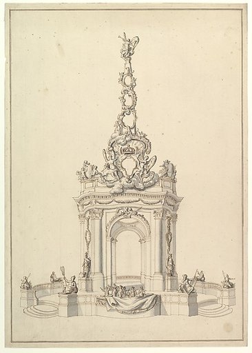 Design for a Festival Monument: Base Holds a Small Orchestra; Triumphal Arch Surmounted by a Cartouche-Decorated Pyramid with Figure of Fame, below, a Royal Crown