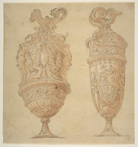 Two Urns Decorated with Human Figures, Animals and Garlands