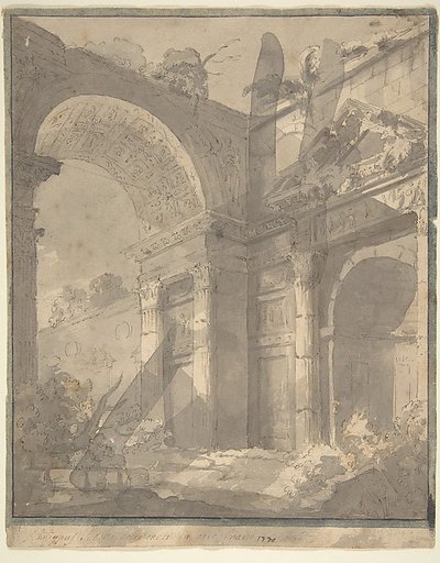 View of Ancient Roman Ruins, an Arch and a Triangular-Pedimented Doorway