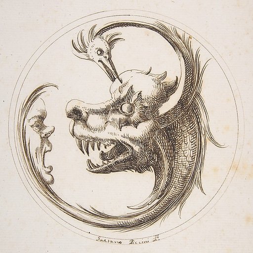 Two Beasts and a Human Mask within a Circle