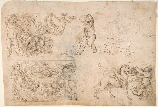 Studies after Antique Frieze Figures, Including Putti with Garlands, with a Chimera and Dolphins (recto); Sketch of a Head (verso)