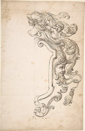Design for Half of Frame with Helm, Putti, Mask