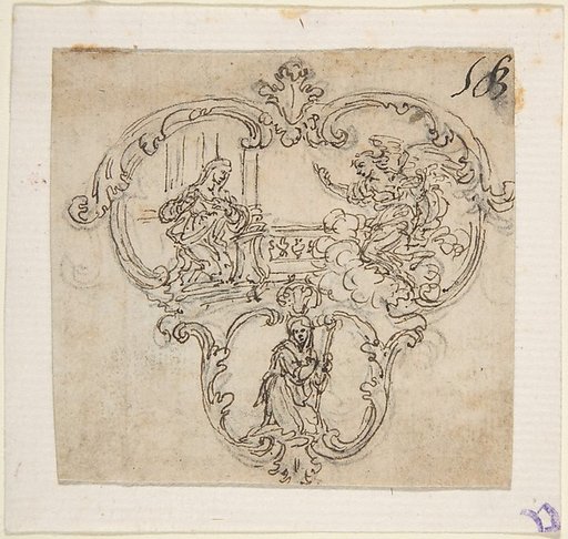 Design for a Cartouche with an Annunication above and a Kneeling Figure with Staff Below