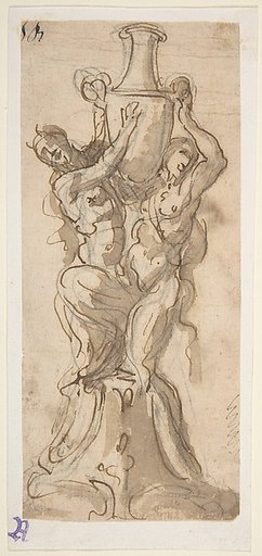 Design for a Statue consisting of a Satyr and Satyress Lifting a Vase