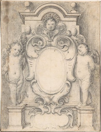 Cartouche between two cherubs on pedestals