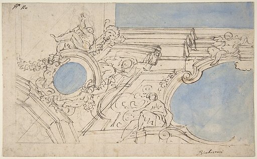 A Foreshortened View of a Ceiling Corner Decorated with Statues, Putti and Garlands