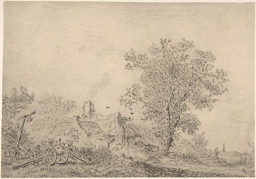 Landscape with cottages and a figure by a cart