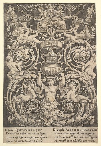A panel of ornament with a woman holding a vase in centre