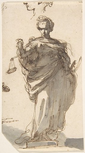 Design for a Statue of Justice with Sketches at Left and Above