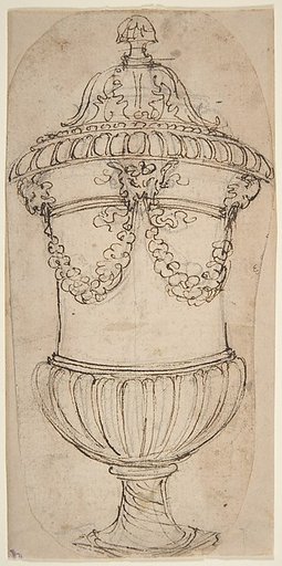 Design for a Lidded Gadrooned Vase with Satyr Heads Holding Garlands