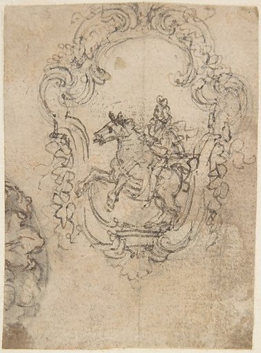 Design for an Equestrian Statue in a Cartouche (recto); Sketches for a Frieze with Sea-Shells and Floral Ornament (verso)