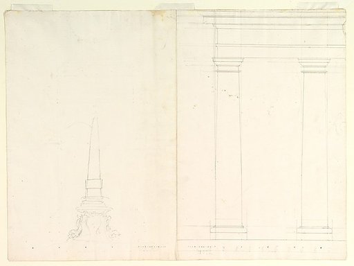 Design for an Obelisk; Partial Design in Elevation for Colonnade in the Doric or Tuscan Order (recto); Design for Fluted Column on Podium in Elevation (verso)