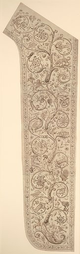 Cartoon for embroidery of a panel of a chasuble, decorated with floral, bud and animal designs