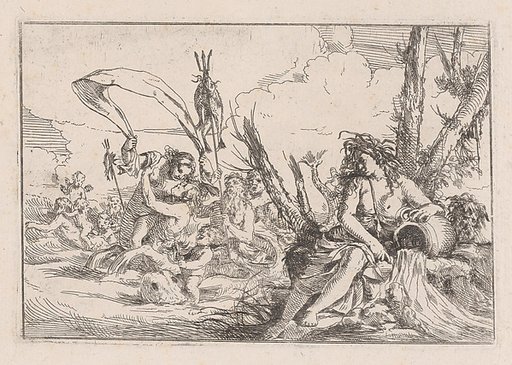 Water, represented by a naiad seated at the base of a tree and resting her arm on a supine urn from which water flows, behind her a triton and other inhabitants of the sea rise from the water surface, from "The Elements"
