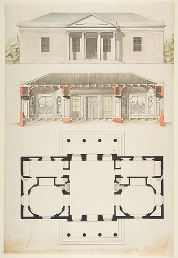 Plan, Elevation, and Section for a Single Story Pavilion