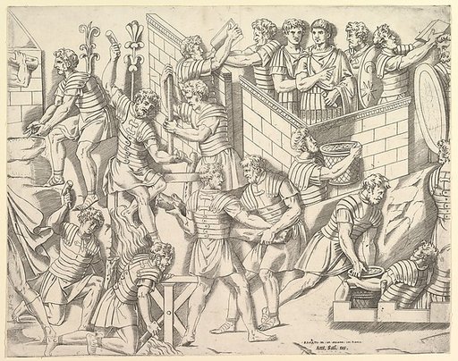 Roman Soldiers Fortifying their Camp, from Trajan's Column, from "Speculum Romanae Magnificentiae"
