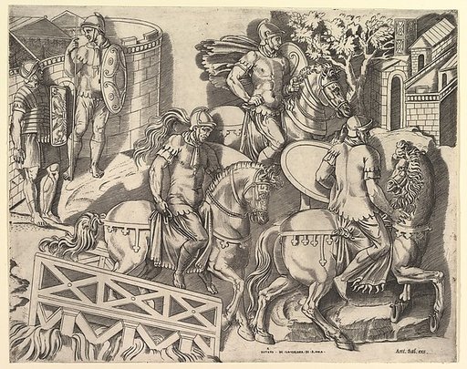 Roman Horsemen Crossing a Bridge (from Trajan's Column), from "Speculum Romanae Magnificentiae"