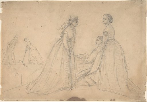Three women in conversation beside a croquet field (recto); Studies of a ballet dancer, a woman's profile, and a seated woman (verso)