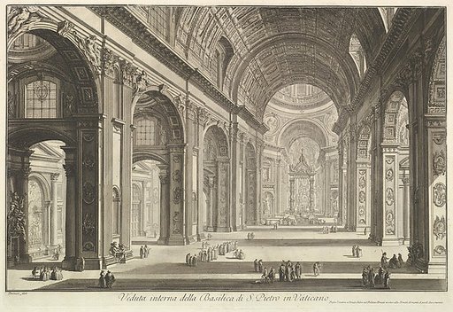 Interior view of St. Peter's Basilica in the Vatican, from "Vedute di Roma" (Roman Views)