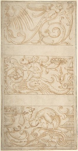 Antique-Style Ornamental Frieze Designs: Grotesques with Winged Infant, Masks, and Fantastic Animals
