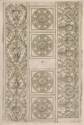 Sheet of border segments: vertical floral ornament, horizontal frieze, four corners