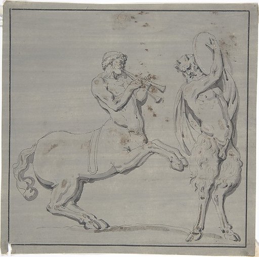Bacchic Scene of Centaur Playing Horns and Satyr with Drum
