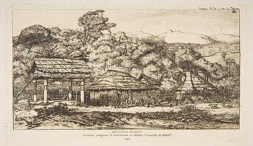 Native Barns and Huts at Akaroa, Banks Peninsula, 1845, from "The Voyage to New Zealand (1842–46)"