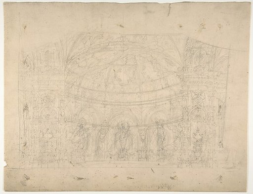 Design for a Stage Set at the Opéra, Paris: Domed Interior (recto); Sketches for Dome and Doors (verso)