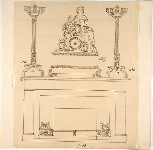Designs for Fireplace Iron, Mantle Candlesticks and a Clock