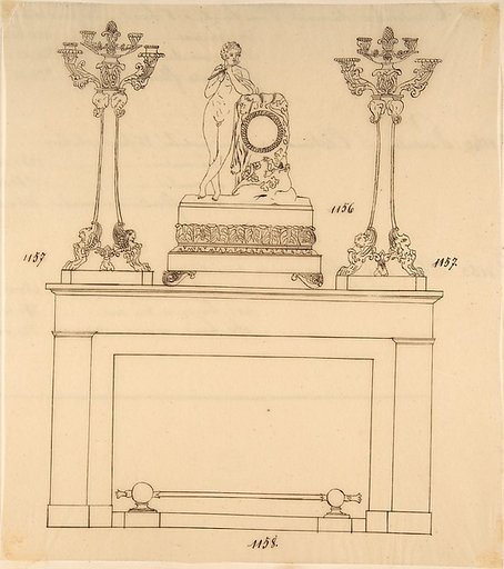Design for a Fireplace Iron, Mantle Candlesticks and a Clock