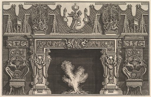 Bird in shell at the center of the lintel, with a frieze of trophies, surmounted by an overmantel with candelabra and flanked by chairs. (Ch. décorée d'une frise de casques et d'armures . . .)