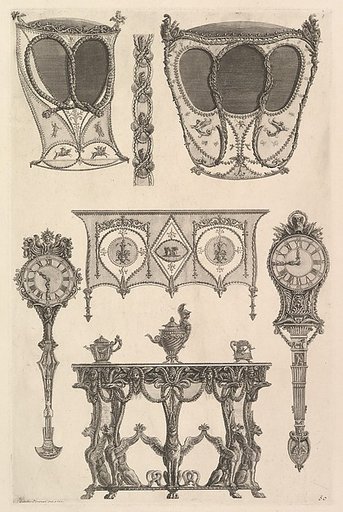 A sedan chair, a coach, a commode, a side table and two clocks (Deux ch. à porteurs v. de côté, une commode, une console, deux pedules, un meuble indét), from Diverse Maniere d'adornare i cammini ed ogni altra parte degli edifizi...(Different Ways of ornamenting chimneypieces and all other parts of 