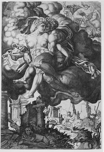 Ixion attempting to seduce Juno, surrounded by clouds with ruins below