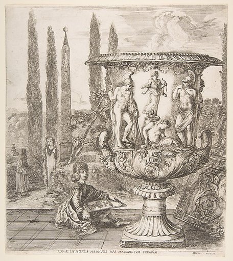 The Medici vase, a large vase to right decorated with a representation of the sacrifice of Iphigenia, on a garden terrace, a teenage boy seated to left with a pen and paper with a drawing of the vase, cyprus trees and an obelisk to left in the background, from "Six large views, four of Rome, and two