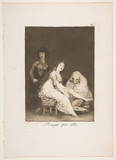 Plate 31 from "Los Caprichos": She prays for her (Ruega por ella)