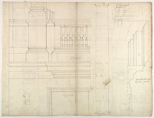St. Peter's, exterior, tabernacle, elevation and section at base with details of pedestal and railing, (recto)
St. Peter's, exterior, tabernacle, elevation and section at arched opening (verso)