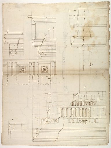 St Peter's, entablature profile; reflected ceiling details of the cornice, and profiles of column bases and pedestals (recto)
St. Peter's, section through drum of model and entablature of upper story (verso)