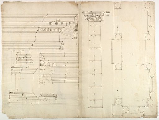 Palazzo dei Conservatori, portico, plan; façade cornice, elevation; minor order, cornice; column, elevation; pedestal, elevation (recto); Palazzo dei Conservatori, portal, elevation; section (verso)