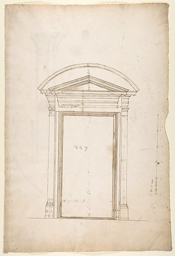 San Lorenzo, Library, Ricetto, entry portal from library, elevation (recto) San Lorenzo, Library, Ricetto, entry portal from library, plan and section (verso)