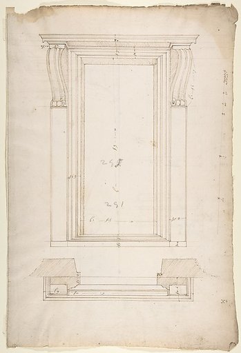 San Lorenzo, New Sacristy, portal, plan; elevation (recto) San Lorenzo, New Sacristy, portal, details (verso)