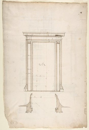 San Lorenzo, Library, Ricetto, portal from cloister, elevation; plan (recto) San Lorenzo, Library, Ricetto, portal from cloister, section; details (verso)