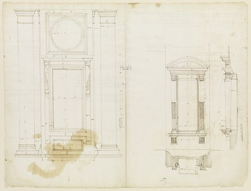 San Lorenzo, Library, Ricetto, upper window, elevation; niche,elevation, plan, and section (recto) San Lorenzo, Library, Ricetto, niche, details; upper window, details, elevation (verso)