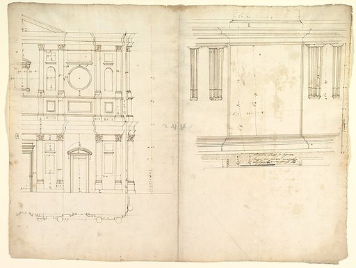 San Lorenzo, model, right half façade (left hand of folio); San Lorenzo, Library, Ricetto, consoles, elevation (right hand) (recto) blank (verso)