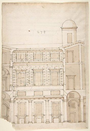 Palazzo Massimo alle Colonne, cortile, section (recto) Palazzo Massimo alle Colonne , first story loggia entablature, profile section and column shaft (verso)