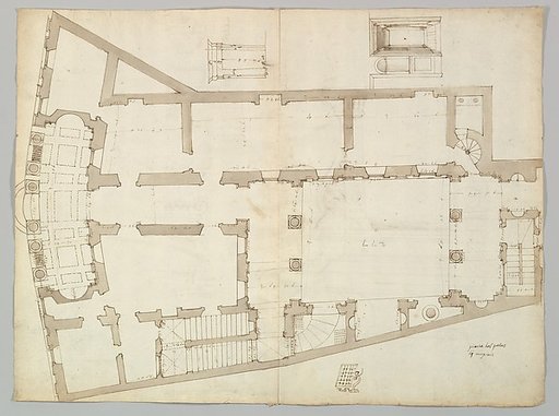 Palazzo Massimo alle Colonne, plan (recto); Palazzo Massimo alle Colonne, façade, details and fireplace (verso)