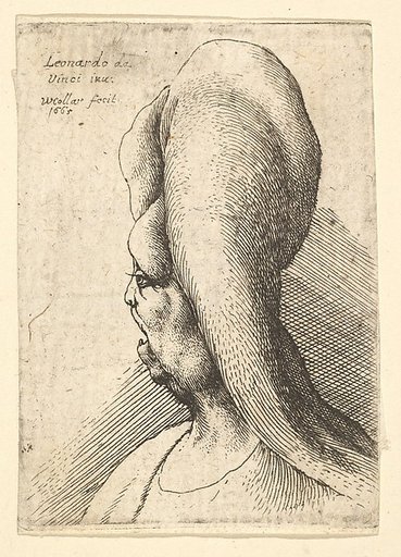 Bust of a deformed old woman with one tooth, facing left