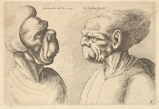 Two deformed heads facing inwards