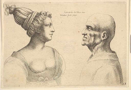 A female with hair tied back and a bald male facing each other