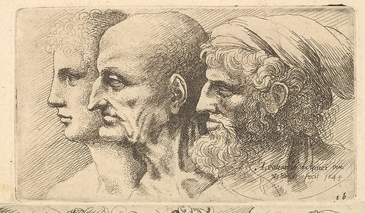 Row of three heads in profile to left