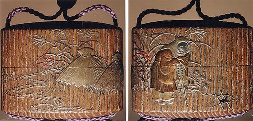 Case (Inrō) with a Fox from the Kyōgen Play "The Fox Hunter" (Tsurigitsune) (obverse); Haystacks and Stream from the Kyōgen Play "Hakuzosu" (reverse)